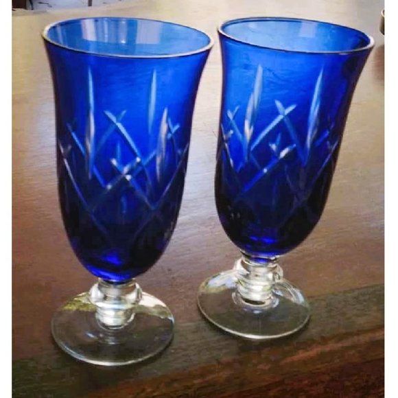 Set of 2 Cut to Clear COBALT BLUE CRYSTAL CHAMPAGNE/Wine FLUTES/Goblets - Picture 3 of 10